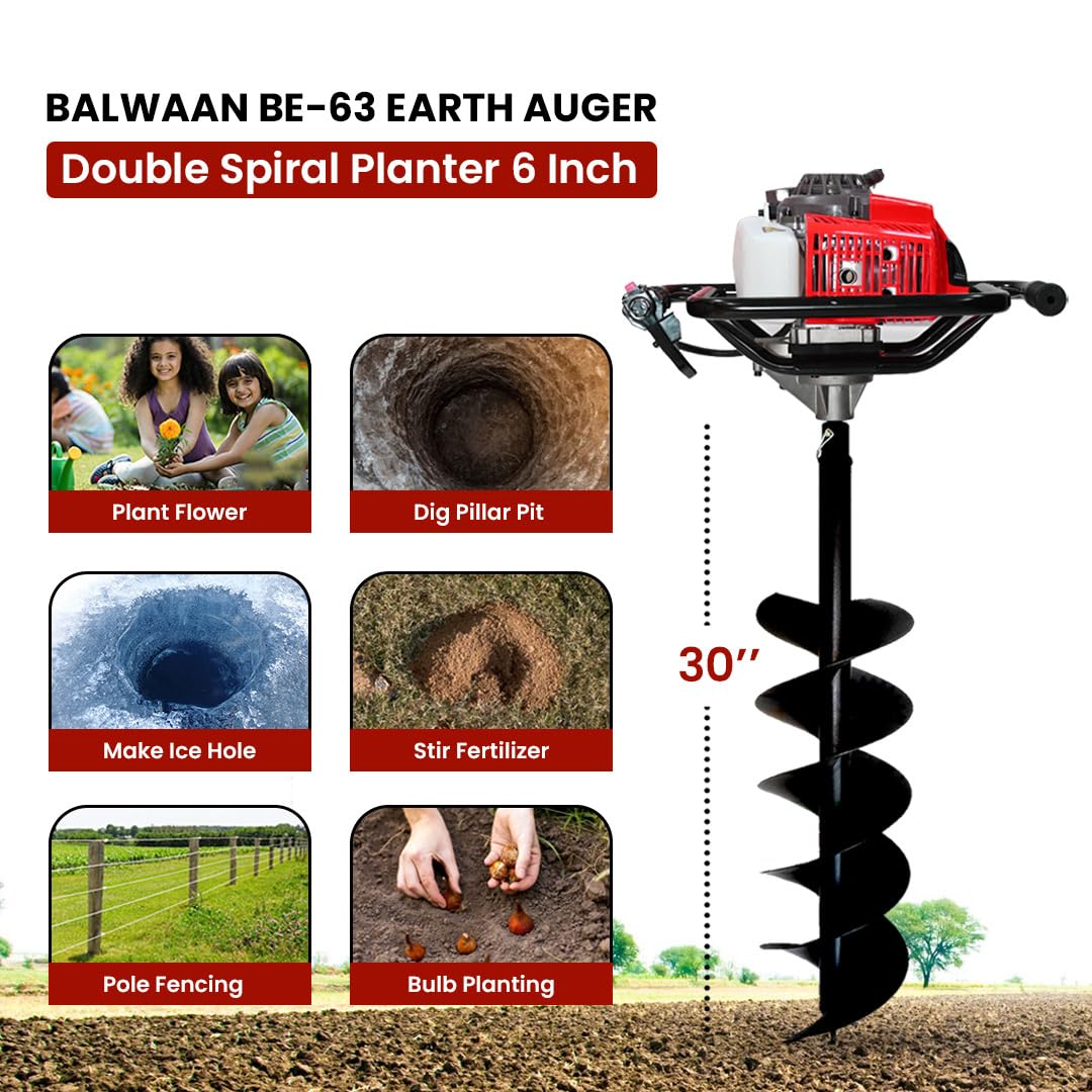 बलवान कृषि BE-63 अर्थ ऑगर 63 cc 2 स्ट्रोक शक्तिशाली हैवी ड्यूटी पेट्रोल इंजन 6 इंच डबल स्पाइरल प्लांटर के साथ गड्ढे खोदने, वृक्षारोपण और बाड़ लगाने के उद्देश्य के लिए उपयुक्त