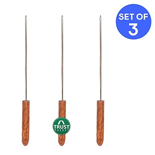 TrustBasket Extra Large Barbecue Skewers for BBQ Tandoor Grill - Set of 3| Pure Stainless Steel Reusable BBQ Sticks, Metal Grilling Skewers (Wooden Handle)