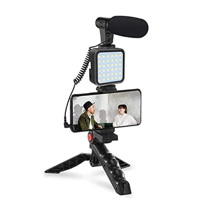 Vlogging Kit 4 in 1 Portable Video Shooting Set with Shotgun Mic with Cover, LED Light, Tripod with Phone Holder for YouTube Video, Vlog, Reels Using Smart Phones, Compact Cameras, GoPro.