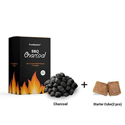 TrustBasket Charcoal Briquettes (5kg) with Free Starter Cubes - Long Burning Barbeque Charcoal with Low Smoke (Used in Grilling/Barbecue, Home) -Set of 4