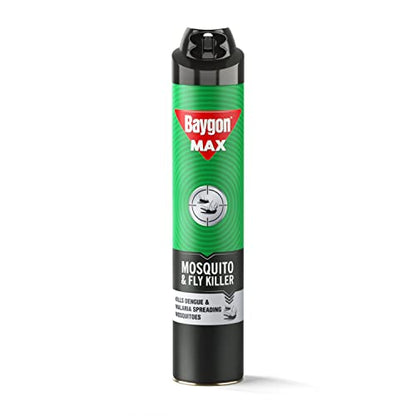 Baygon Max Mosquito and Fly Killer Spray, 625ml | झटपट मॉस्किटो किलर | डेंग्यू आणि मलेरिया पसरवणाऱ्या डासांना मारते | 30% विस्तीर्ण कव्हरेजसाठी डबल नोजल तंत्रज्ञानासह