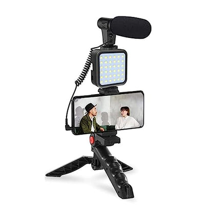 Vlogging Kit 4 in 1 Portable Video Shooting Set with Shotgun Mic with Cover, LED Light, Tripod with Phone Holder for YouTube Video, Vlog, Reels Using Smart Phones, Compact Cameras, GoPro.
