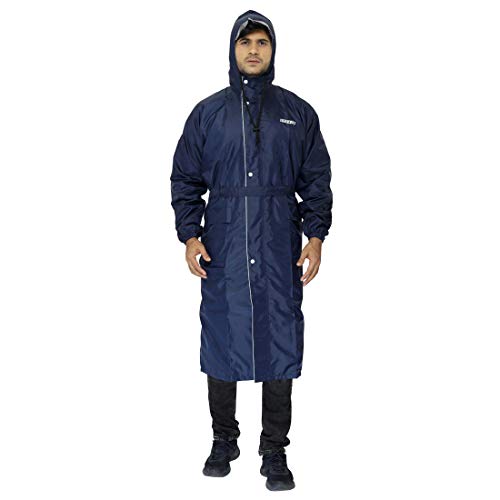 THE CLOWNFISH Reversible Use Unisex Waterproof Long Coat Raincoat for Men and Women with Adjustable Hood and Reflector at Back for Night Visibility Opener Series (Blue-Free Size)