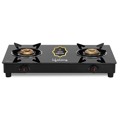 Lifelong LLGS912 Automatic Ignition 2 Burner Gas Stove with 6mm Toughened Glass Top, Automatic Ignition (Doorstep Service, 1 Year Warranty, Black) - Auto Ignition