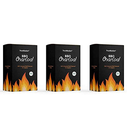 TrustBasket Charcoal Briquettes (5kg) with Free Starter Cubes - Long Burning Barbeque Charcoal with Low Smoke (Used in Grilling/Barbecue, Home) Set of 3