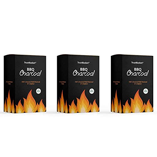 TrustBasket Charcoal Briquettes (5kg) with Free Starter Cubes - Long Burning Barbeque Charcoal with Low Smoke (Used in Grilling/Barbecue, Home) Set of 3