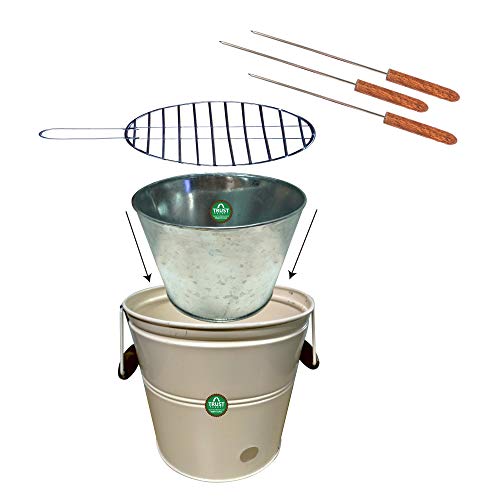 Trustbasket Round Portable Charcoal BBQ Barbeque Bucket Set for Indoor/Outdoor and Multiuse (Ivory)