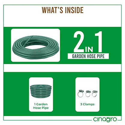 Cinagro 30 Metres Braided Hose Pipe with 3 Clamps for Watering Home Garden, Car Washing, Floor Cleaning & Pet Bathing (1 Inch, Green)