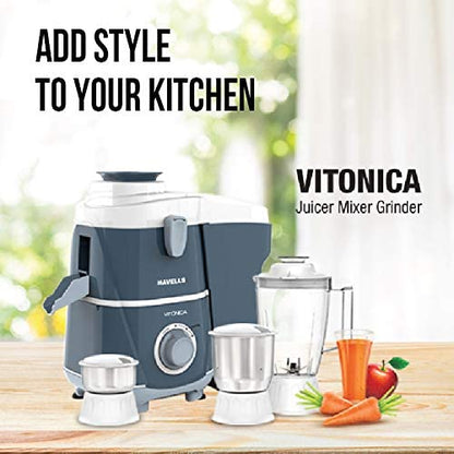 Havells Vitonica 500W Juicer Mixer Grinder with 3 Stainless Steel Jar, Large Size Pulp Container,Foldable Juicing Spout, 2 Yr Product Warranty & 5 Yr Motor warranty (White & Blue)