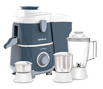 Havells Vitonica 500W Juicer Mixer Grinder with 3 Stainless Steel Jar, Large Size Pulp Container,Foldable Juicing Spout, 2 Yr Product Warranty & 5 Yr Motor warranty (White & Blue)