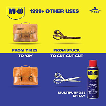 पिडिलाइट WD 40, 170 G मल्टीपर्पस स्प्रे ऑटो मेंटेनेंस, जंग रिमूवर, लुब्रिकेंट, फंसे हुए और जंग वाले हिस्सों को ढीला करता है, दाग और चिपचिपे अवशेषों को हटाता है, डीस्केलिंग, सभी उद्देश्य के लिए सुरक्षात्मक और सफाई एजेंट