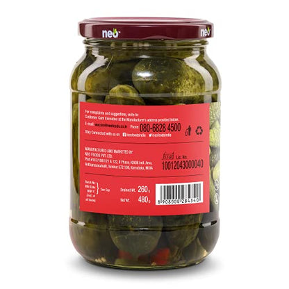 Neo Whole Gherkins 480g I Pack of 1 I 100% Vegan I Low Fat Sweet and Crunchy Pickles, Ready to Eat, No GMO I Enjoy with Nachos, Make a Healthy Salad at home