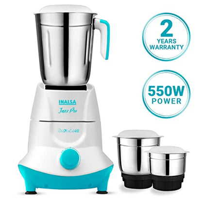 INALSA Mixer Grinder Jazz Pro -550W with 3 Stainless Steel Jars| 30 Min Motor Rating| Robust Nylon Coupler | Overload Protection| ISI Certified| 2 Year Warranty