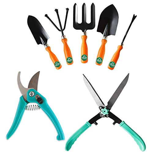 TrustBasket 7 Pcs Durable Jumboo Multi-Purpose Plant Care/Garden Tool Kit for Home Garden Trowel, Fork, Weeder, Cultivator, Scissor, Hedge Shears. Jumboo Multi Color