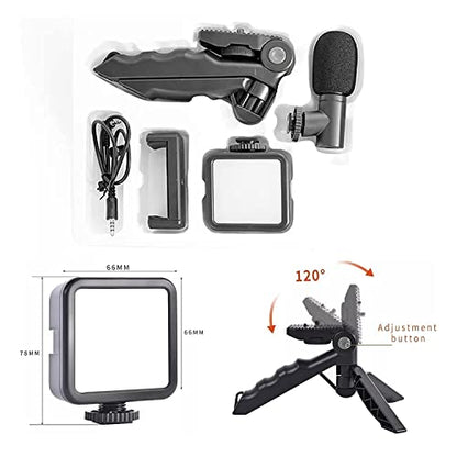 Vlogging Kit 4 in 1 Portable Video Shooting Set with Shotgun Mic with Cover, LED Light, Tripod with Phone Holder for YouTube Video, Vlog, Reels Using Smart Phones, Compact Cameras, GoPro.