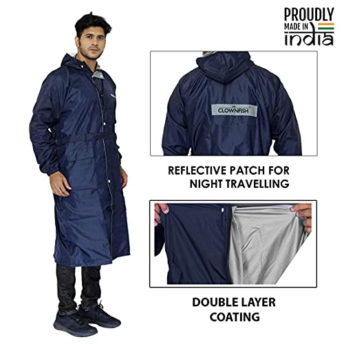 THE CLOWNFISH Reversible Use Unisex Waterproof Long Coat Raincoat for Men and Women with Adjustable Hood and Reflector at Back for Night Visibility Opener Series (Blue-Free Size)