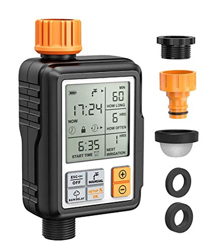 Pinolex® Drip Irrigation Water Timer Digital Controller Fully Automatic Adapters Batteries Included Child Lock Feature Programmable Garden Lawn Hose Faucet System Auto & Manual Mode 3Inch Large Screen