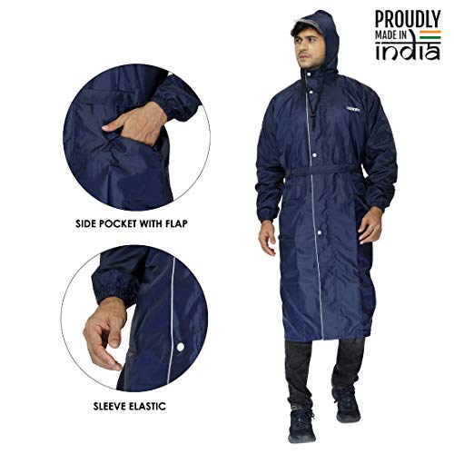 THE CLOWNFISH Reversible Use Unisex Waterproof Long Coat Raincoat for Men and Women with Adjustable Hood and Reflector at Back for Night Visibility Opener Series (Blue-Free Size)
