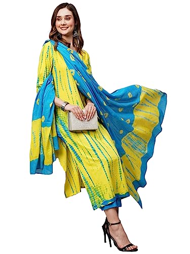 ANNI DESIGNER Women's Cotton Blend Straight Printed Kurta with Pant & Dupatta (Kayke Yellow-NW_L_Yellow_Large)