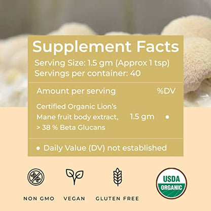 Rooted Lions Mane mushroom Extract Powder (120 gm) | Memory, Focus, Brain Powder & Nerve Health. USDA Organic, 38% Beta Glucans, Certified organic