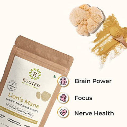 Rooted Lions Mane mushroom Extract Powder (120 gm) | Memory, Focus, Brain Powder & Nerve Health. USDA Organic, 38% Beta Glucans, Certified organic
