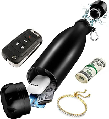 Diversion Safe Water Bottle -Black Stainless Steel Bottle with Hidden Compartment for Cards, Keys, Cash, and Valuables - Insulated Bottle for Hot and Cold Drinks - 18 Ounces