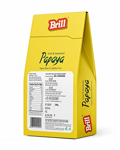 Brill Dried & Sweetened Papaya 250g, Premium Dehydrated Papaya, 100% Natural, Vegan, No Preservatives, No Added Sugar