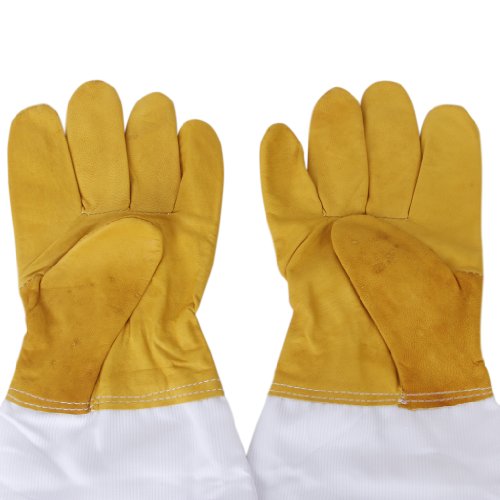 Pair Protective Beekeeping Gloves, Goatskin Bee Keeping with Vented Long Sleeves - Yellow and White, 50cm, 19.68 inch