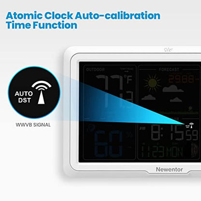 Newentor Weather Station Wireless Indoor Outdoor, 7.5in Display Atomic Clock, Inside Outside Thermometer and Hygrometer with Weather Alert, Barometer and Weather Forecast, Time and Calendar, White
