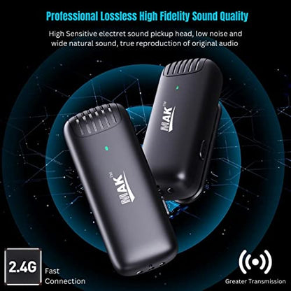 MMAK Dual Wireless Lavalier Mic with Charging Case, Noise Reduction Modes Collar Microphone for Video Recording, YouTube, Facebook, Live Stream, Compatible for Type C Android & iPhone