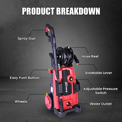 FALCON HiJet-110 Electric Garden Washer 2100W High Pressure 110 Bar Power Cleaner Machine Portable with Wheels Ideal for Car Home Garden
