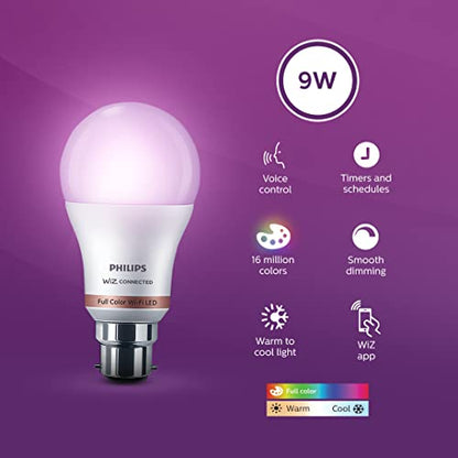 Philips Wiz Wi-Fi Enabled B22 9-Watt LED Smart Bulb, Compatible with Amazon Alexa and Google Assistant(16M Colours +Shades of White + Dimmable + Tunable),Pack of 1