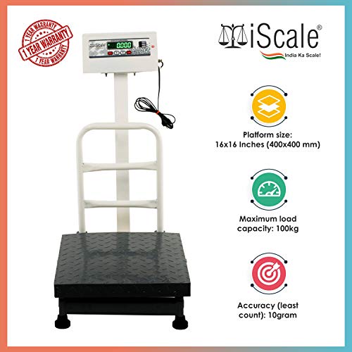 iScale Electronic Platform Weighing Scale 100kg Capacity 10g Accuracy Weight Machine Digital for Shop, Commercial and Industrial use Mild Steel Heavy Platform size 16x16 Inches (400x400mm)
