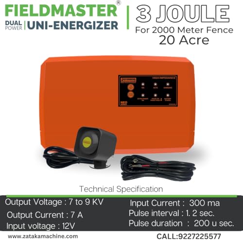 Fieldmaster Eectric & Solar Oprated Zatka Machine Fence Energizer Guard 2 Joule for 1000 Meter 10 Acre Area Coverd (20 Acre)