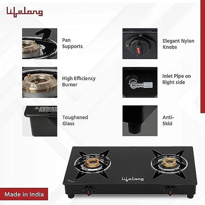 Lifelong LLGS912 Automatic Ignition 2 Burner Gas Stove with 6mm Toughened Glass Top, Automatic Ignition (Doorstep Service, 1 Year Warranty, Black) - Auto Ignition
