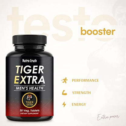 Nutra Crush TIGER EXTRA | Testosterone Booster For Men | For Max Strength | With Horny Goat Weed, Maca Root, Ashwagandha, Shatavari, Panax Ginseng & More Powerful Herbs| Performance Enhancer