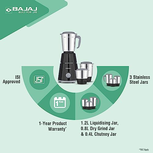 Bajaj Plastic Gx 1 Mixer Grinder,500W Titan Motor,3 Jars,2 In 1 Function Blade,Black, 500 Watts