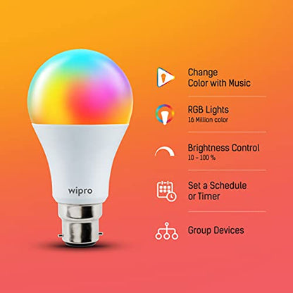 wipro B22D 12.5W Wi-Fi Smart LED Bulb with Music Sync for Amazon Alexa & Google Assistant (Pack of 1, Multicolor)