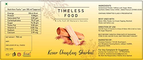 Timeless Food : Chandan Kesar Sharbat, Sandalwood Saffron Syrup [Containing Natural Sandalwood & Kesar, 750 ML]