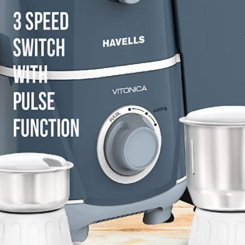 Havells Vitonica 500W Juicer Mixer Grinder with 3 Stainless Steel Jar, Large Size Pulp Container,Foldable Juicing Spout, 2 Yr Product Warranty & 5 Yr Motor warranty (White & Blue)