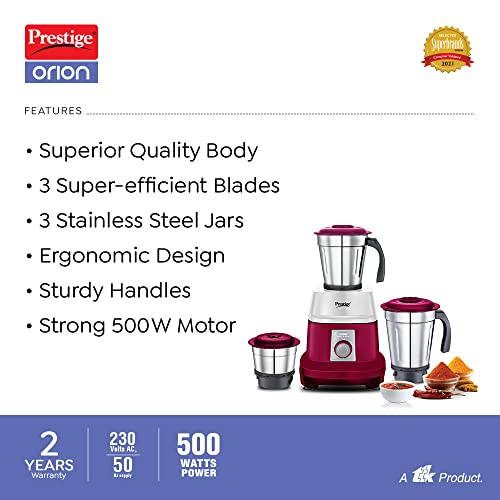 Prestige 500 Watts Orion Mixer Grinder with 3 Stainless Steel Jars |2 years warranty| Red & White