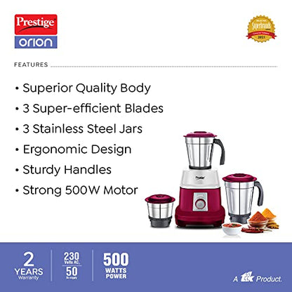 Prestige 500 Watts Orion Mixer Grinder with 3 Stainless Steel Jars |2 years warranty| Red & White
