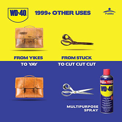 पिडिलाइट WD-40, बहुउद्देशीय कार केयर स्प्रे, 420 मिलीलीटर जंग हटाने वाला, स्नेहक, दाग हटाने वाला, शक्तिशाली चिमनी क्लीनर, डीग्रीज़र, और बाइक चेन क्लीनर और चेन ल्यूब (341 ग्राम)