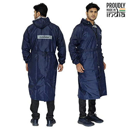 THE CLOWNFISH Reversible Use Unisex Waterproof Long Coat Raincoat for Men and Women with Adjustable Hood and Reflector at Back for Night Visibility Opener Series (Blue-Free Size)