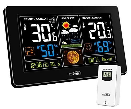 Youshiko YC9444 (Official 2023 UK Version) Wireless Weather Station, Radio Controlled Clock, Indoor Outdoor Temperature Thermometer, Humidity, Barometric Pressure, Ice Alert, Moon Phase