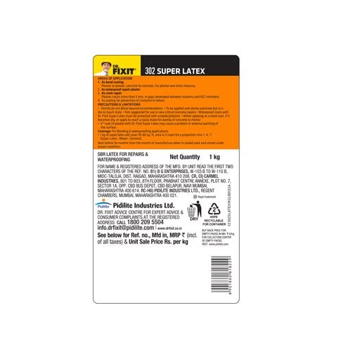 डॉ. FIXIT 302 SBR Latex सुपर लेटेक्स SBR लेटेक्स वॉटरप्रूफिंग आणि दुरुस्तीसाठी छप्पर, टेरेस, बाथरूम, टॉयलेट - 1Kg, (राखाडी) (1Pc), काँक्रीट, दगडी बांधकाम, दगडी बांधकाम, प्लास्टरशी मजबूत बंध