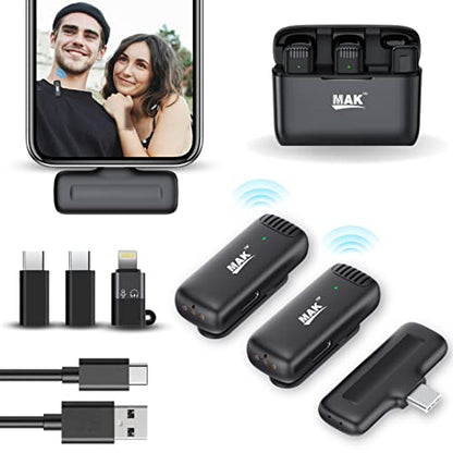 MMAK Dual Wireless Lavalier Mic with Charging Case, Noise Reduction Modes Collar Microphone for Video Recording, YouTube, Facebook, Live Stream, Compatible for Type C Android & iPhone