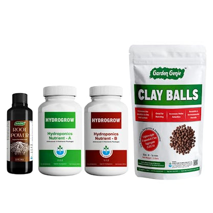 Garden Genie Organic Root Power Liquid VAM Fertilizer (100ml), General Hydroponics Nutrients A&B (250 ml Each) & Clay Balls for plants (900g) - Aeroponics, Agriculture, Aquaponics & Hydroponic Systems