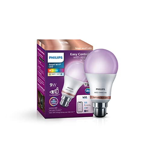 Philips Wiz Wi-Fi Enabled B22 9-Watt LED Smart Bulb, Compatible with Amazon Alexa and Google Assistant(16M Colours +Shades of White + Dimmable + Tunable),Pack of 1