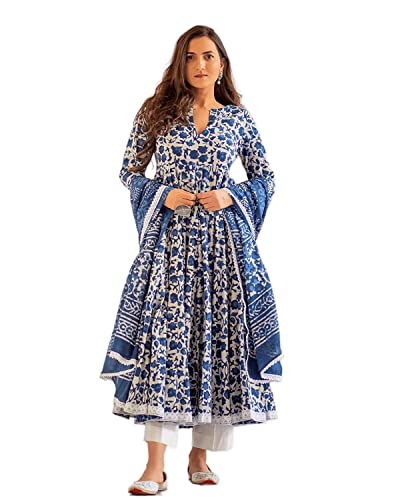 MEERA FAB Women's Cotton Printed Blue Anarkali Kurta With Palazzo & Dupatta Set